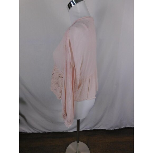 ICON Blouse Womens One Size Pink Crochet Lace Boho V Neck Long Sleeve Peplum - Picture 5 of 12